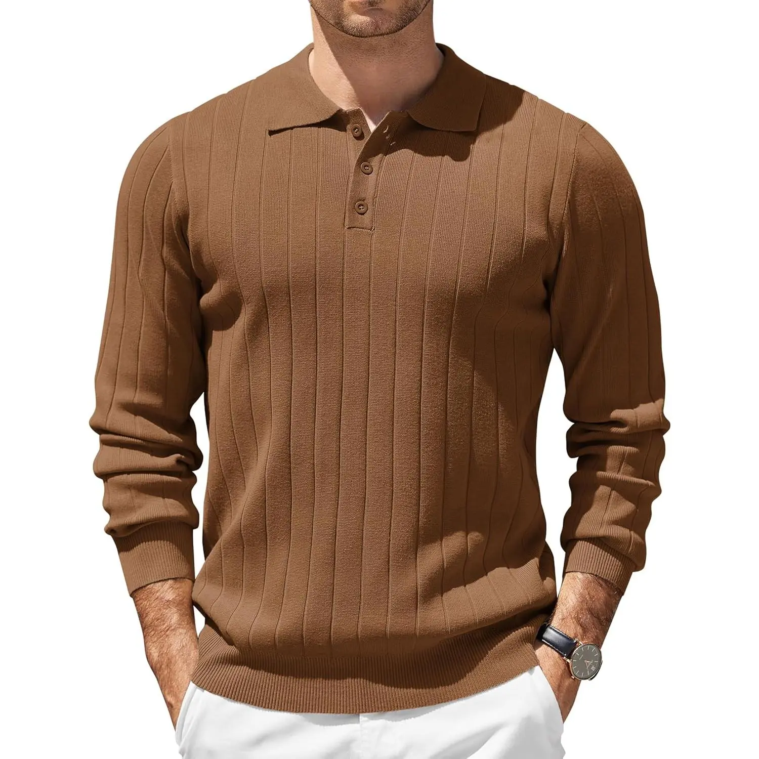 Mens Long Sleeve Knit Polo Sweater Lightweight Casual Pullover Sweaters