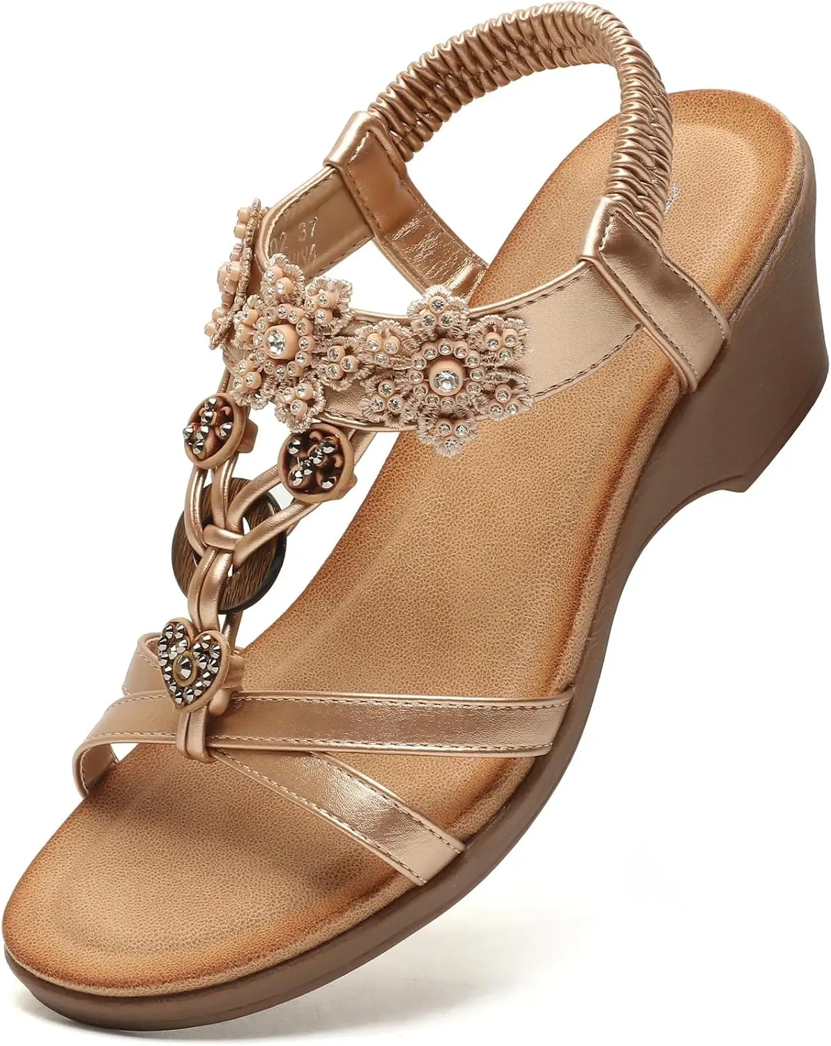 Women Wedge Sandal Flower Low Heels Sandals Comfortable Summer Beach Walking Rhinestone Shoes for Women Open Toe Ankle Elastic Back strap T-Strap Dressy Bohemian Shoe