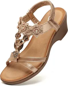 Women Wedge Sandal Flower Low Heels Sandals Comfortable Summer Beach Walking Rhinestone Shoes for Women Open Toe Ankle Elastic Back strap T-Strap Dressy Bohemian Shoe