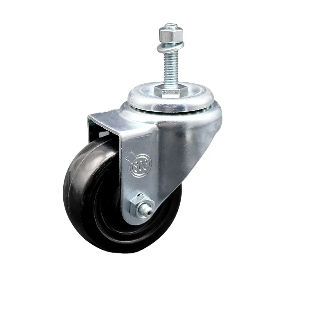 Service Caster SCC-TS20S3514-HRS-381615 Hard Rubber Swivel Threaded Stem Caster - Ball Mechanism Castors with Ball Bearing, 3.5x1.25in Black Wheel, 0.38in Stem, Bolt Hole, 285lbs Capacity, Chemical/Oil/Impact-Resistant for Equipment Carts, 0.38 In Stem