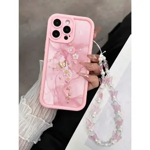 [Must-Have]Marble Texture Painted Recessed Pink Butterfly Chain Shockproof Slim Stylish Phone Case Compatible With IPhone 17/17 Pro/17 Pro Max, 16/15, 15 Pro Max, 13/14/11/12/14 Pro Max, XS/XR/X/8/7/8 Plus