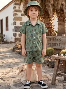 Miami Boys' Cactus Print Two-Piece Set, made from ultra-fine stretch fabric that is breathable and feels like linen. Includes a shirt and shorts—the perfect choice for beach vacations and summer, a must-have children's vacation outfit