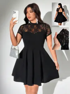 Plus Size Lace High Neck Backless Dress, Slim Fit A-Line Cocktail Party Dress, Elastic Comfortable Fabric, Perfect for Weddings and Parties