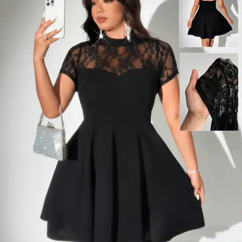 Plus Size Lace High Neck Backless Embellished Dress, Slim Fit A-Line Formal Cocktail Party Dress, Elastic Comfortable Fabric, Perfect for Weddings and Parties, Elegance, Chic