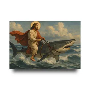 Funny Jesus Riding Shark Poster Waterproof Canvas Print Surreal Religious Humor Wall Art for Living Room Bedroom Bathroom Kitchen Christian Comedy Home Decor Gift Idea Conversation Starter Decoration