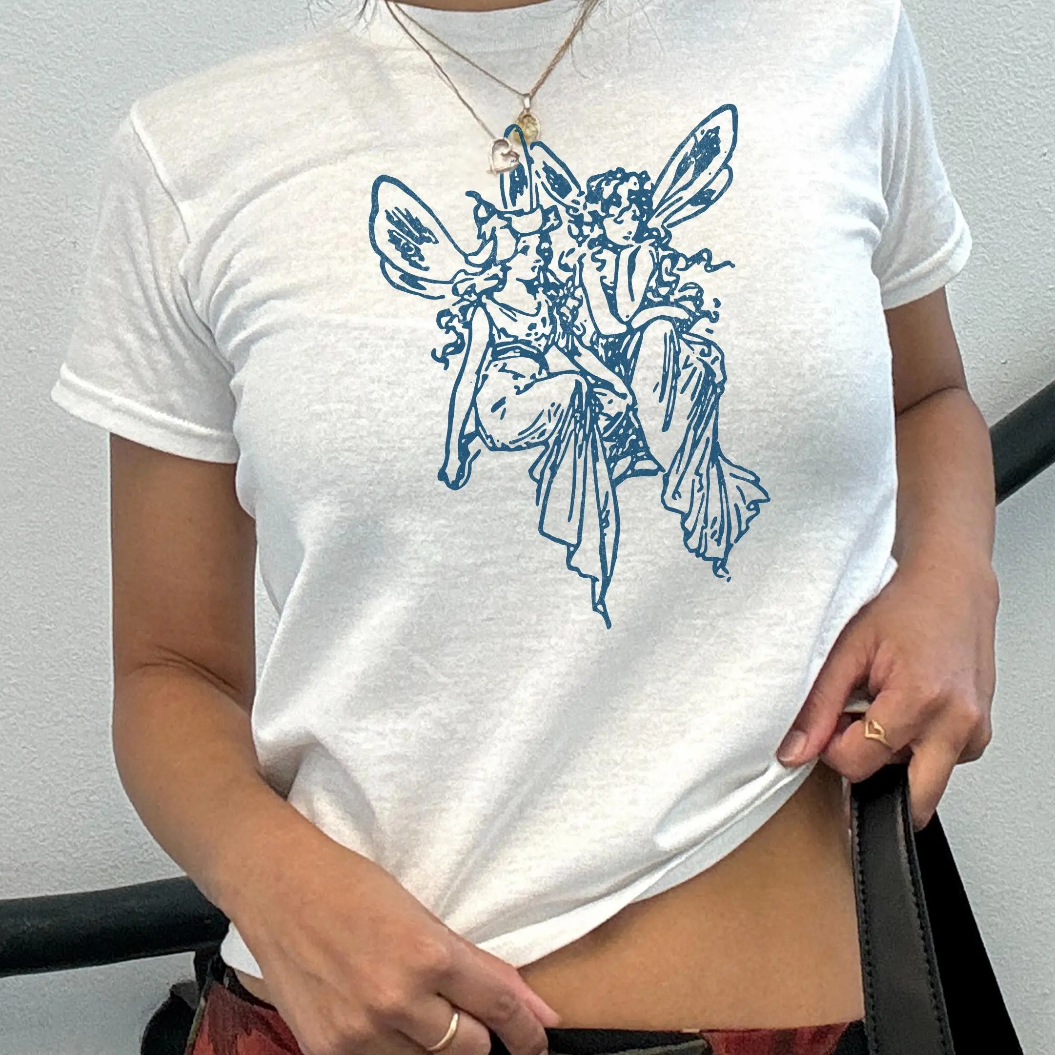 Medieval Fairies Baby Tee, Fairycore Whimsical Shirt, Retro Graphic T-Shirt, 90s Y2K Tattoo Dark Academia Fantasy Boho Trendy Faerie Tee.
