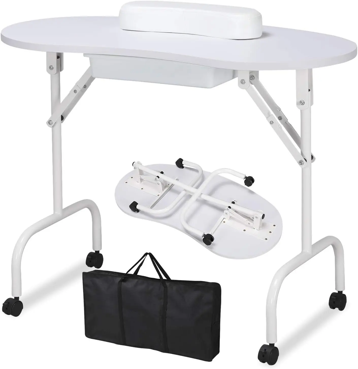 37-inch Portable Foldable Manicure Table Nail Desk Workstation with Large Drawer Client Wrist Pad Controllable Wheels Carrying Case for Spa Beauty Salon White 1 Count Pack of 1