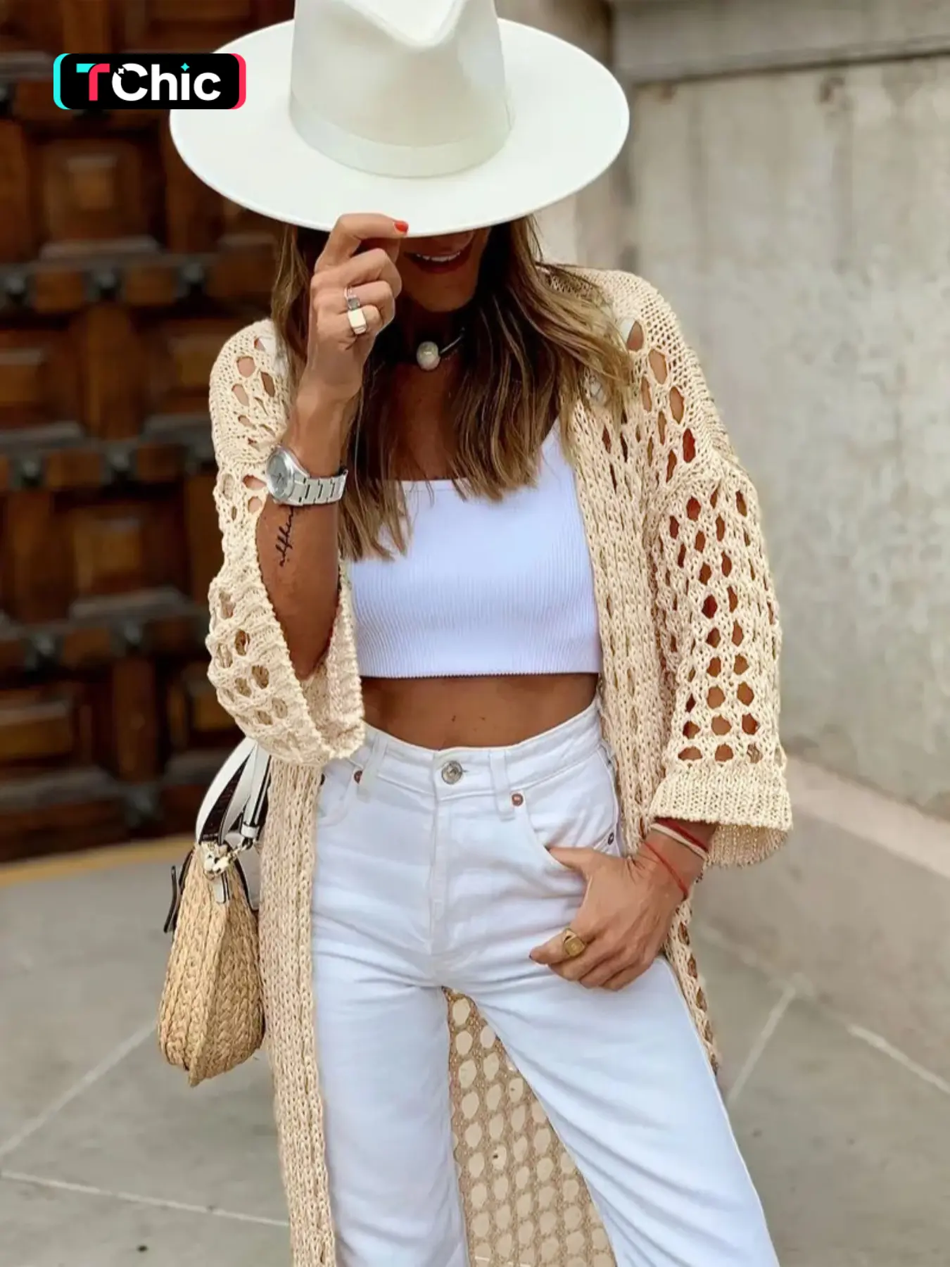 Women's Solid Hollow Out Sheer Open Front Long Cardigan, Casual Drop Shoulder Long Sleeve Cardigan, Ladies Knitwear for Spring & Fall Daily Wear