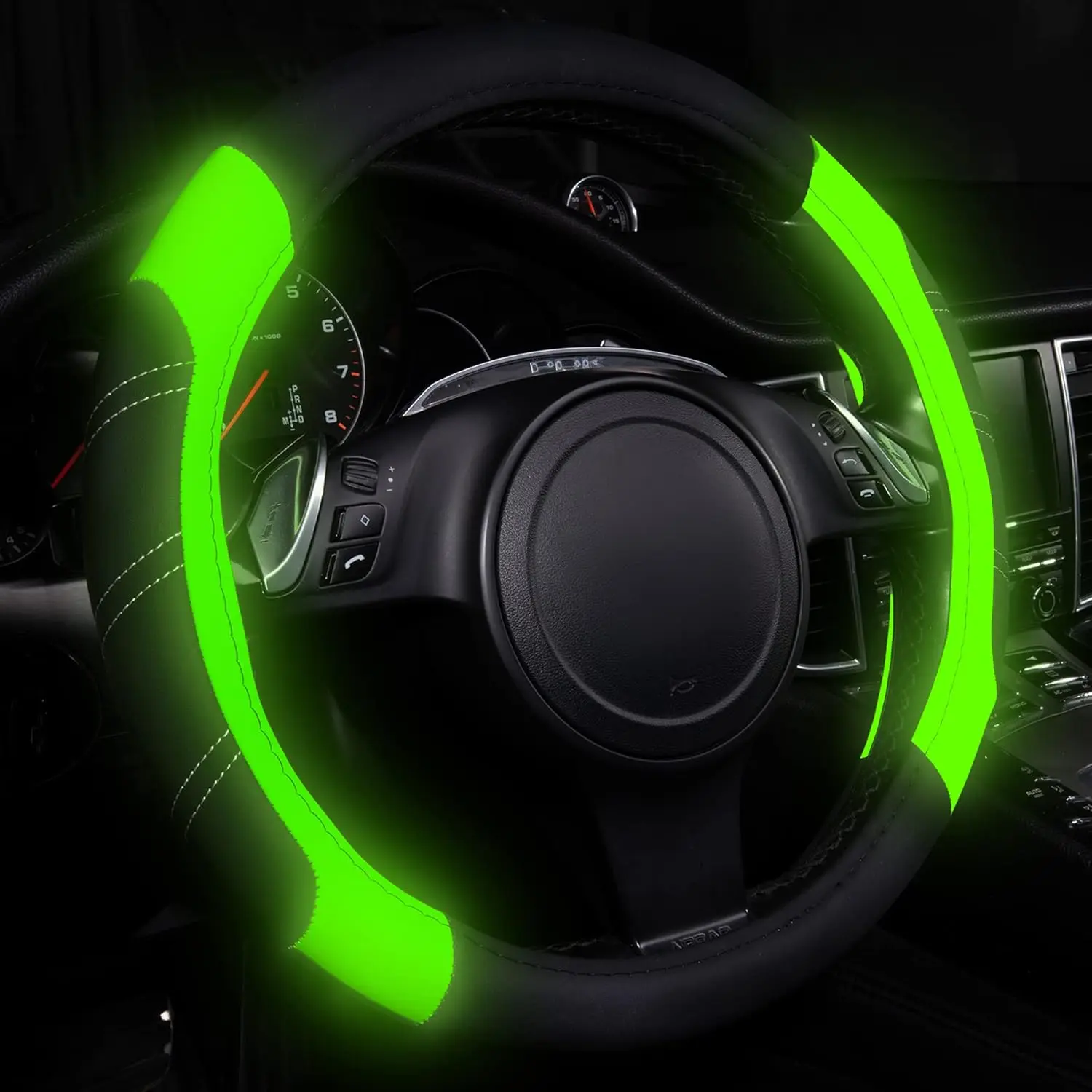 Glow in the Dark Microfiber Leather Sporty Steering Wheel Cover - Abrasion-Resistant, Easy Install, Anti-Slip, Comfortable Grip Car Accessory, 14.5-15in Universal Fit for 95% of Cars, Trucks, SUVs, Lime Fluorescent Design, Glow In The Dark Steering Wheel,