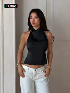 Women's Solid Color Backless Satin Halter Top, Sleeveless Sexy Slim-Fitting Design Top for Women, Perfect for Casual and Evening Wear