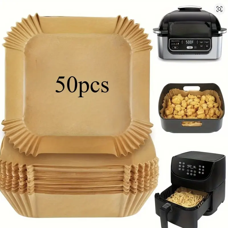 50pcs 8in Square Air Fryer Parchment Liners – Non-Stick, Food Grade, Fits 5-8QT Basket, Air Fryer, Microwave & Steamer