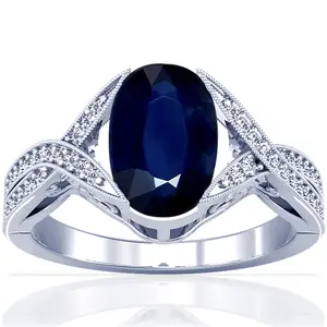 Blue Sapphire Oval and Diamond Ring - (14k White Gold)- R65596REBS