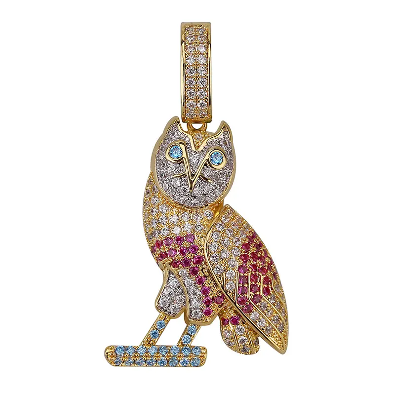 Lunar Iced Owl Pendant Necklace for Men Women, Gold Tone Copper Base Pendant with Multicolor Zircon Stone Inlay, Hip Hop Jewelry