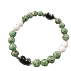 Stretch Semi Precious Gem Beaded Jewelry - Green and White Beads with Black Accents