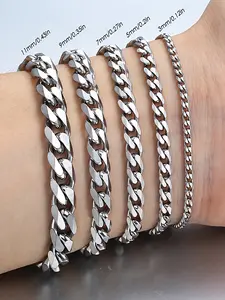 Men's Hip Hop Stainless Steel Cuban Chain Bracelet, Stackable Bracelet, Stylish Silver Color Link Design, Perfect for Casual Wear & Daily Use