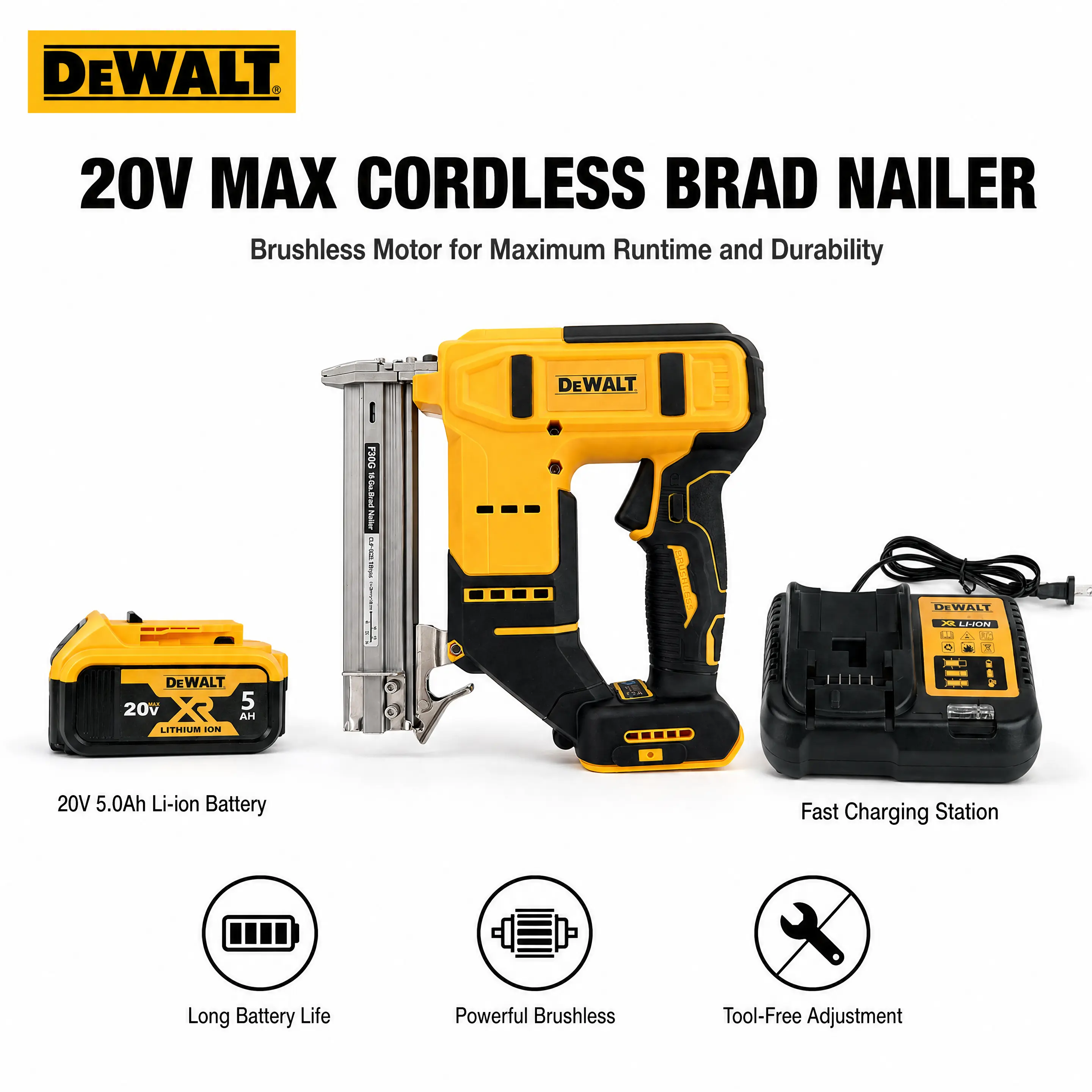 DEWALT F30 20V MAX 18 Gauge Cordless 2 in 1 Brad Nailer Stapler Kit for Baseboard Molding Trim, Brushless Power Tool Features 100 Nail Capacity Matrix Designed for Precise Cabinet Finish Work