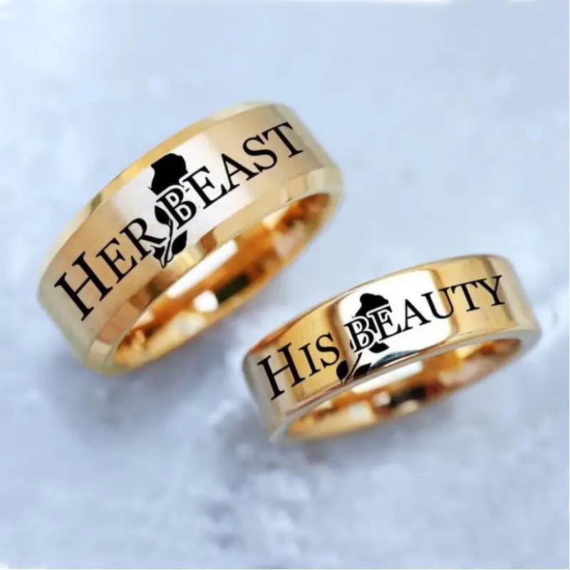 Pair of Beauty and the Beast Couple Rings - Matching Wedding/Anniversary Rings for Him and Her, Elegant Gold Jewelry, Suitable for Couples, Valentine's Day Gift, Daily and Special Occasion Jewelry - Rings Symbolizing His Beauty and Her Beast, Couple Jewel