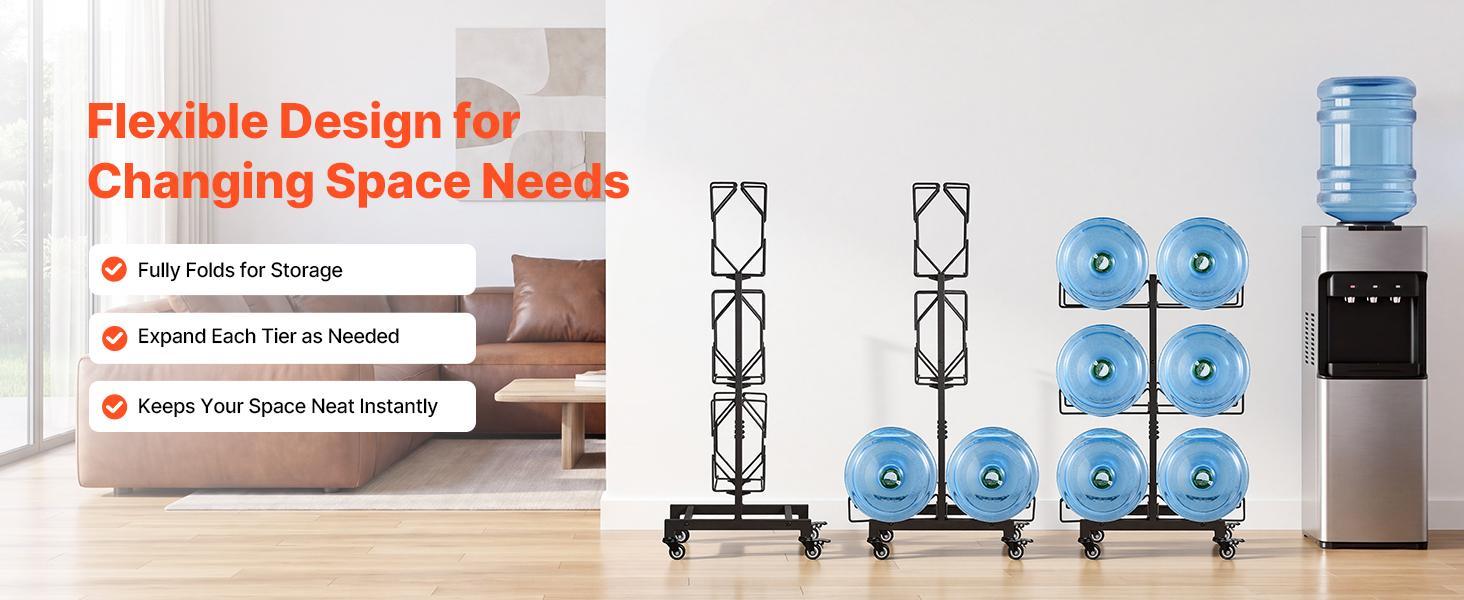 【Summerfinds】VEVOR Water Jug Holder3 Tiers Double Rows 3 and 5 Gallon Water Bottle Holder for 6 BottlesHeavy Duty Jug Rack Organizer with Casters and HandlesFoldable for KitchenOfficeLiving RoomBlack