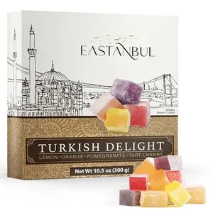 Eastanbul Turkish Delight Candy 10.5oz, 4 Flavors Pomegranate, Orange, Tart Cherry, & Lemon Turkish Delights Assorted, Foreign Candy of Turkish Lokum, Turkish Delight Plain, International Candy Box, Mother's Day Gift