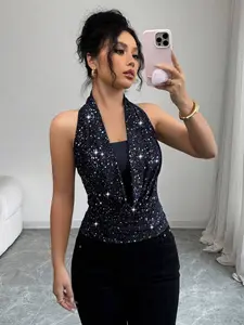 HANNA x Elenzga Women's Plunging Neck Halter Backless Shiny Camisole