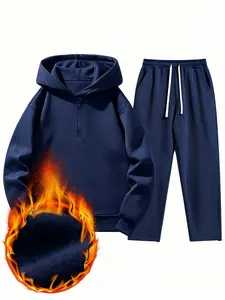 Men’s solid-color fashion two-piece sweatshirt set, regular fit, casual drop-shoulder half-zip hooded sweatshirt + drawstring sweatpants with pockets, suitable for 20-year-old boys, ideal for everyday wear and workouts tiktokshopspringglowup