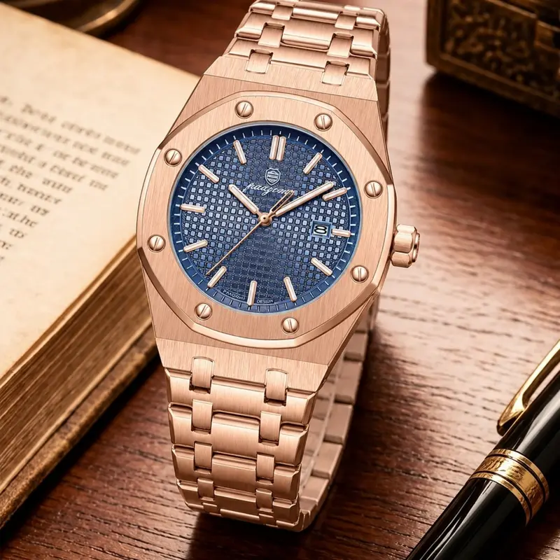 Luxury Men's Watch with Luminous Hands, Blue Dial, Date Display, 30m Waterproof, Stainless Steel Strap, Perfect Gift for All Occasions, Stainless Steel Wristwatch, Water Resistant Watch, Fashionable Waterproof Wristwatch
