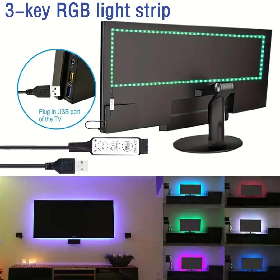 LED Strip Light with Three-Key Controller, USB Powered Lighting, Adjustable Modes, RGB Color Changing, Flexible Cuttable, Ambient Led Lighting, Ideal for TV Backdrop, Interior Led Lights