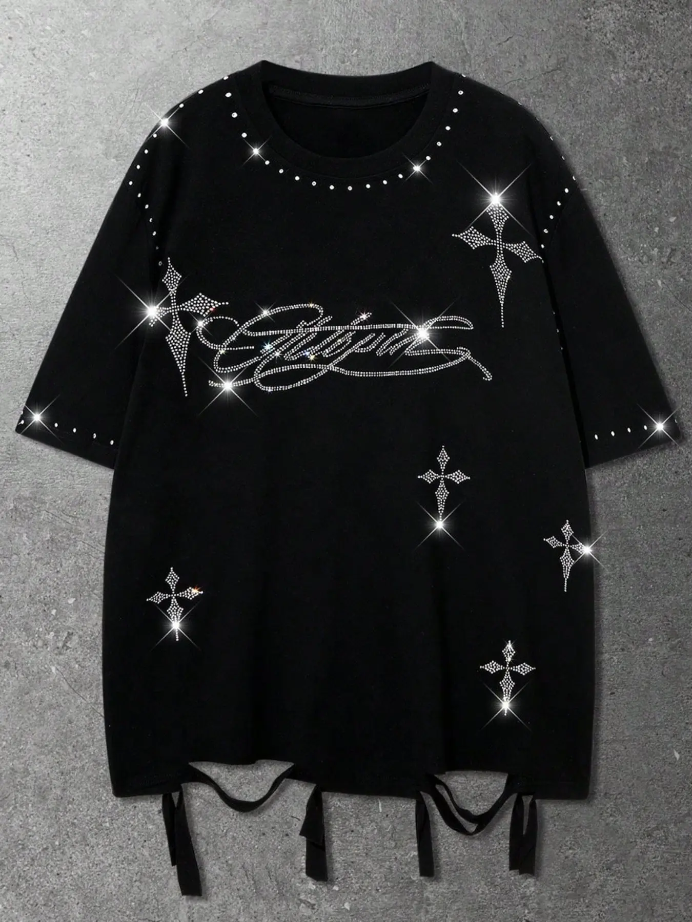 Studded Cross Letter Print Ripped Hem Loose Short Sleeve Round Neck T-Shirt, American Street Style Top, Casual Fashion Apparel, Streetwear