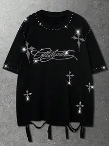 Studded Cross Letter Print Ripped Hem Loose Short Sleeve T-Shirt, American Street Style Top, Casual Fashion Apparel, Streetwear