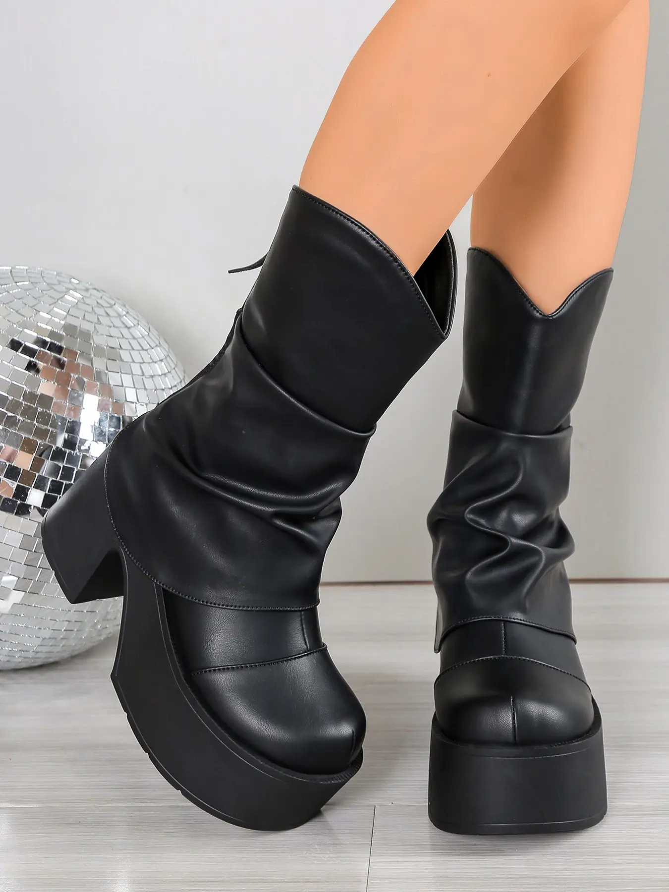 Women's 9CM Chunky Heel Platform Slouchy Mid-Calf Thick Heeled Fashionable Boots | Y2K Retro Gothic Street Style | PU Leather, Back Zipper, Ruched Slouchy Design, Non-Slip Sole | For Cosplay, Rave Festival, Night Club, Daily Streetwear