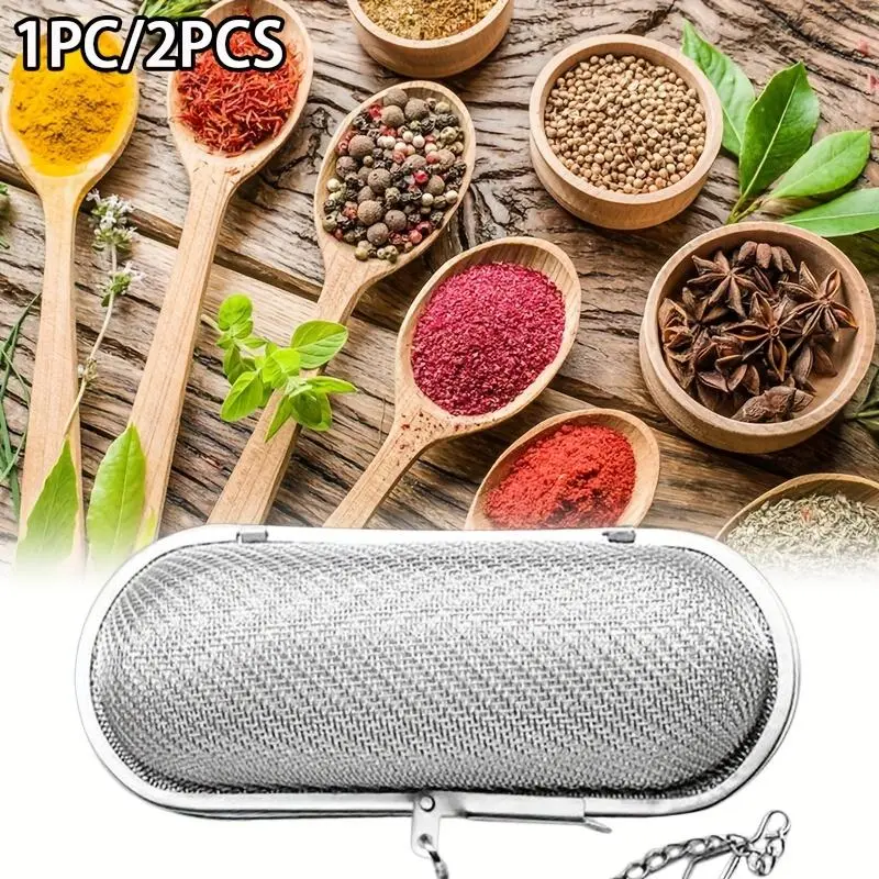 1pc/2pcs Stainless Steel Fine Mesh Spice Infuser, Extended Chain Tea Infuser, Kitchen Seasoning Ball, Home Tea-Making Tool