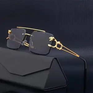 Vintage Luxury Golden Fahsion Glasses Cool Tiger Stand Women's Frameless Black For Men And Women Outdoor Travel Anti Glare Glasses006