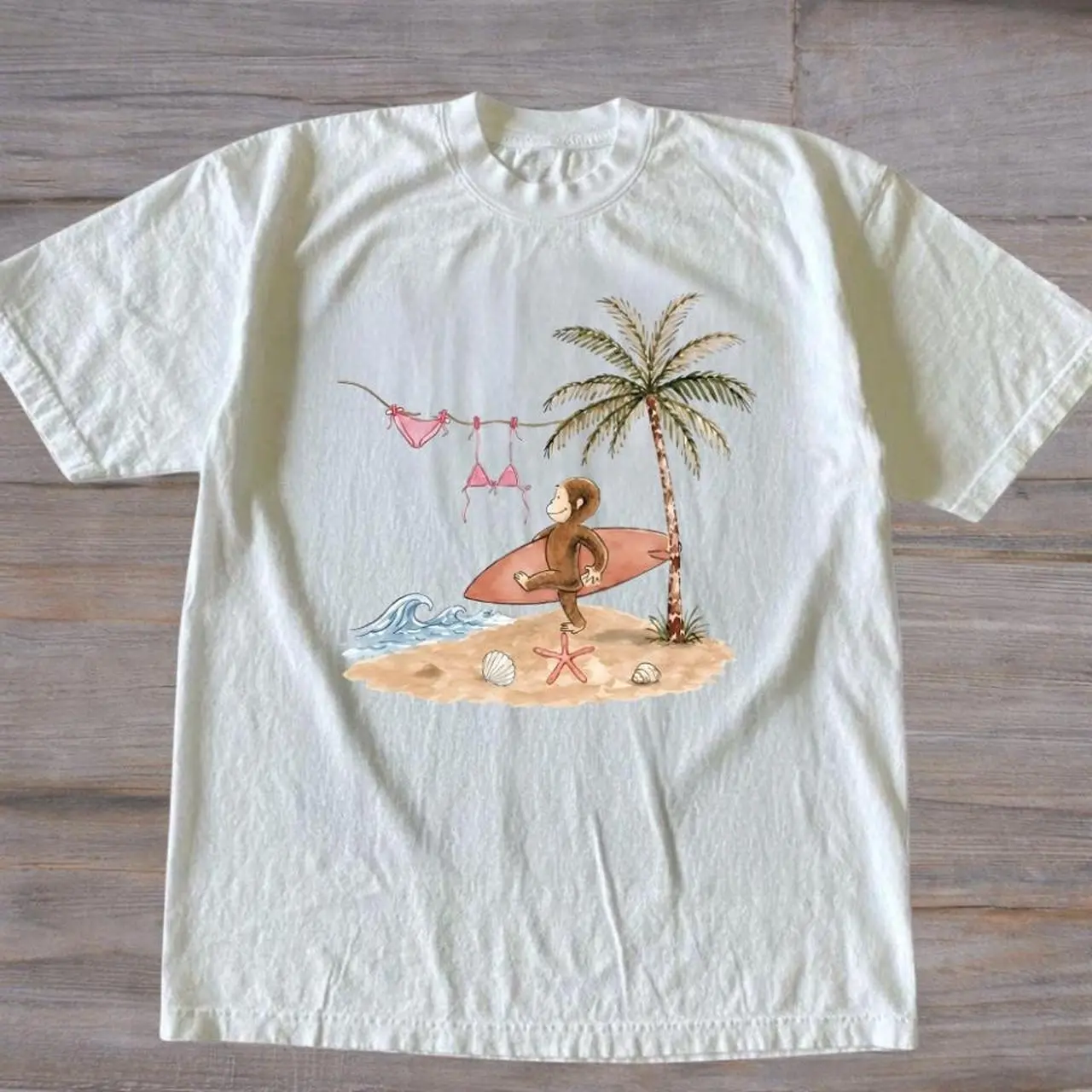 Vintage  Curious George Surfing Tshirt Unisex