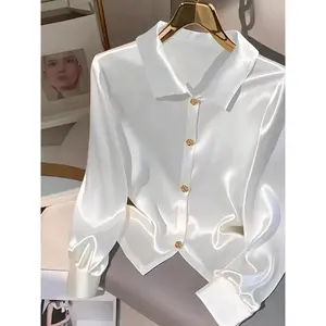Women's Elegant Solid Color White Satin Blouse with Golden Button Details - Long Sleeve, Large Lapel Collar, Non-Sheer, Machine Washable, All-Season Casual Wear, Ladies Blouses
