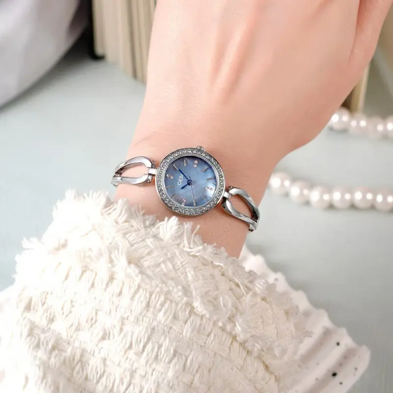 Women's Glamorous Rhinestone-Encrusted Crystal Quartz Bracelet Watch - Silver-Tone, Blue Mother-of-Pearl Dial, 3 ATM Waterproof, Stainless Steel, Mineral Glass, for Daily Wear, Birthdays, Mother’s Day, Anniversaries | Fashion Women's Watches, Rhinestones,