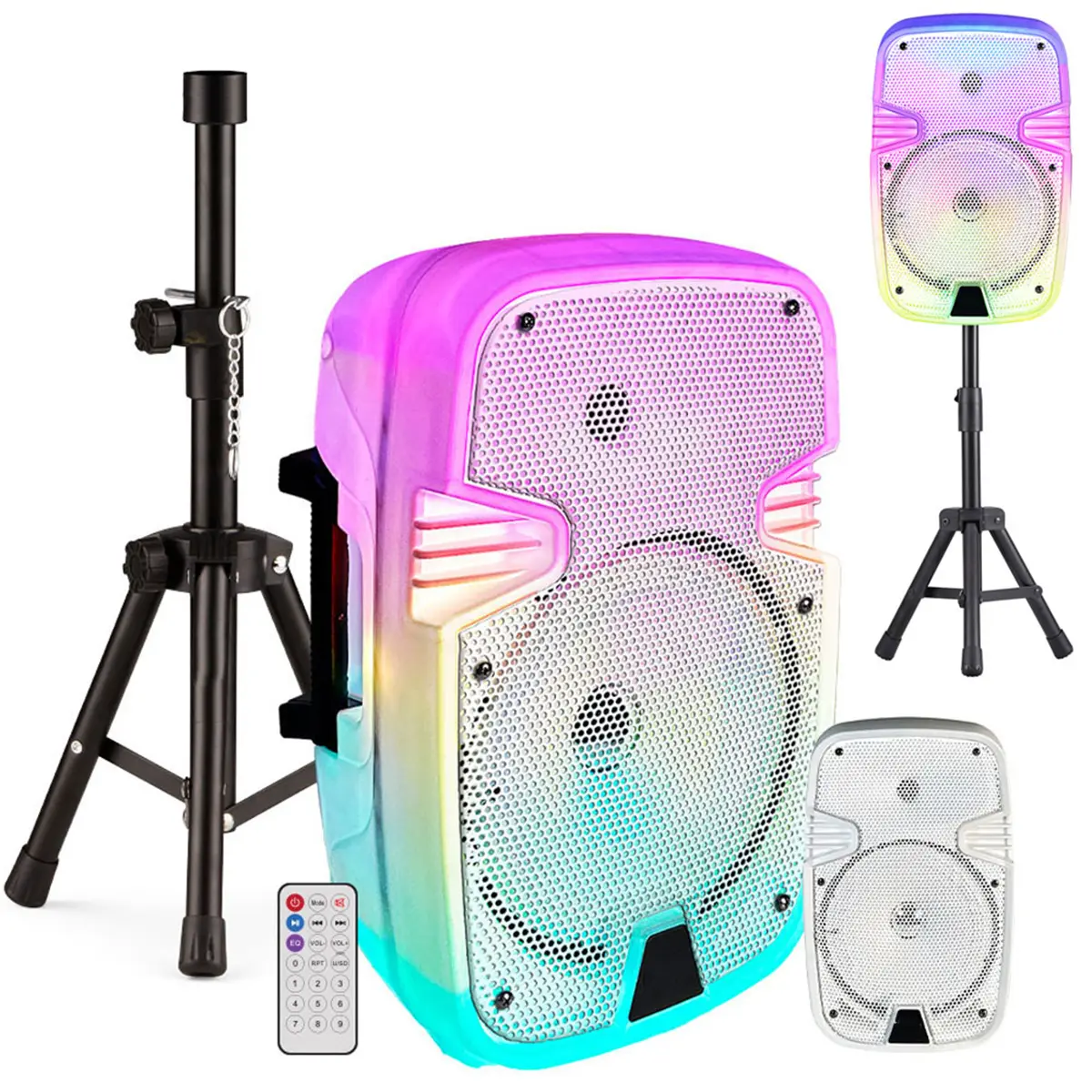 Multifunctional Wireless Stereo Pairing Speaker (8in) - Portable Bluetooth Rechargeable Audio Device, TWS Stereo, Colorful Party Lights, Microphone Stand, FM Radio, Remote Control, Smartphone Compatible Karaoke Player,back to school,back to school haul