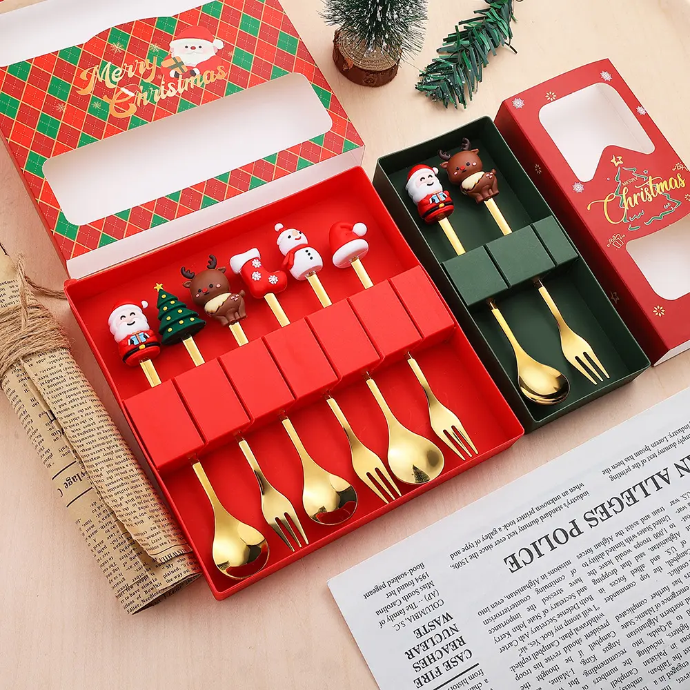 2025 Christmas Tableware Gift Box Set Stainless Steel Christmas Doll Spoon Tableware
