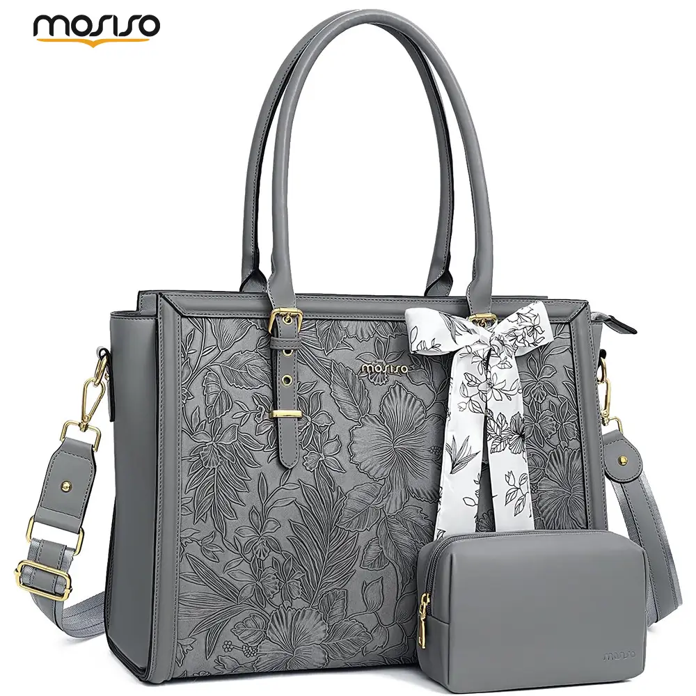 MOSISO 15.6-17.3 inch Laptop Tote Bag for Women, PU Leather Waterproof Work Bag with 3 Compartments, Padded Laptop Section, With Clutch Purse & Silk S