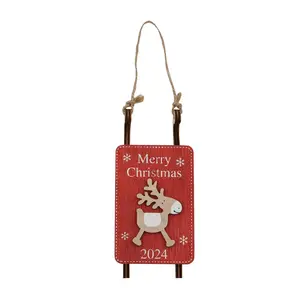 4 3/4" 2024 3D Merry Christmas Sled with Reindeer Wooden Ornament - 12 Pc.