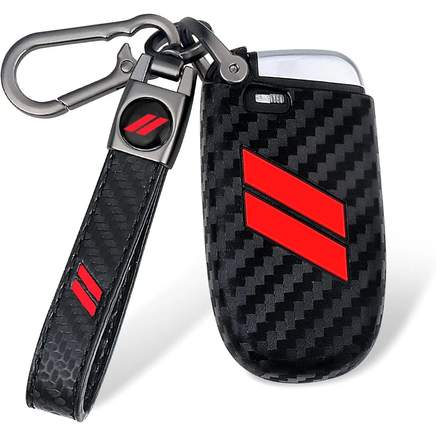 Suitable for Dodge Keychain Cover with Double Slash Keychain Car Key Cover for Dodge Charger Challenger Cherokee Dart Durango Trailhawk Grand RAM Renegade Journey 5 Keys (Carbon Red)