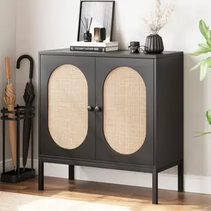 Black Rattan Weave Buffet, Functional Entryway Storage Cabinet Accent Sideboard with Storage Doors and Shelves, Console for Living Room, Dining Room, Entryway Storage Cabinets