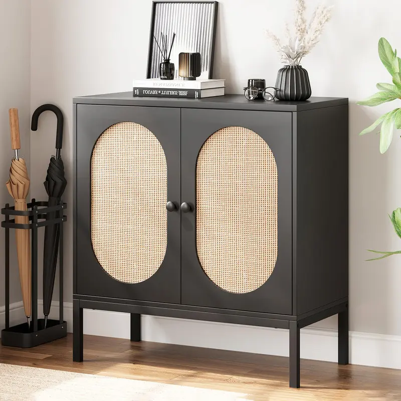 【Christmas Gift】Black Buffet Cabinet, Rattan Storage Cabinet with Doors and Shelves, Accent Cabinet Sideboard, Console Cabinet with Storage Entryway Cabinet for Living Room, Dining Room, Hallway