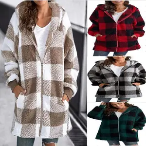 Women's Plaid Fleece Long Sleeve Hooded Coat, Casual Style, Moderate Fabric Thickness, All Seasons Wear, Comfortable FitGIFT7