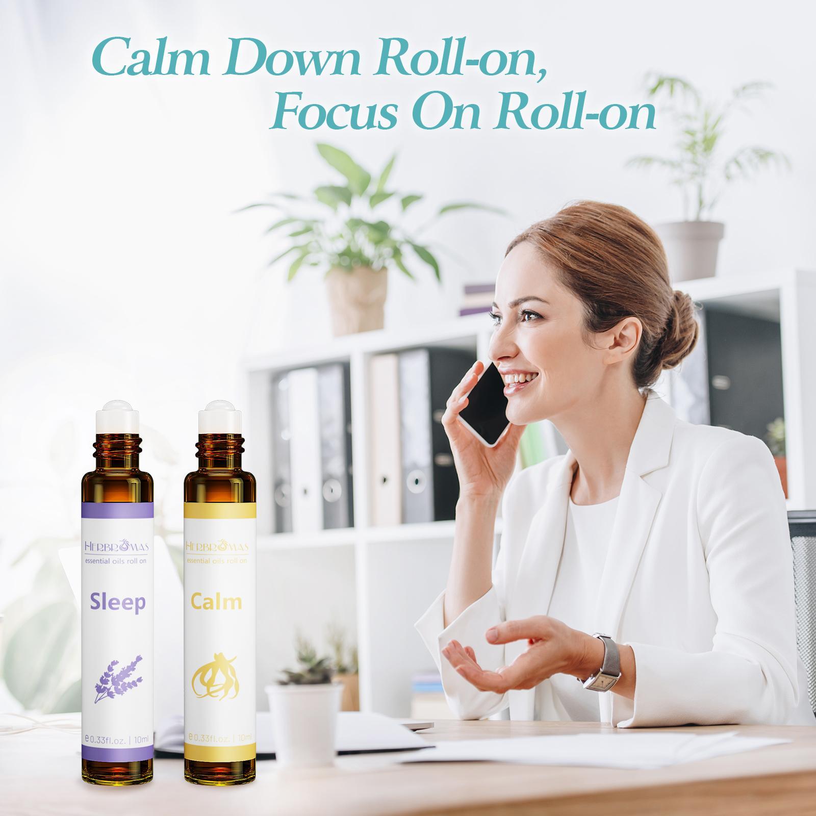 HERBROMAS Roll On Essential Oils Set – Stress Relief & Sleep Support, Lavender Peppermint Eucalyptus Grapefruit Aromatherapy Oil Roller, Portable Pre-Diluted Perfume Oil for Relaxation Focus Travel, 4 Pack