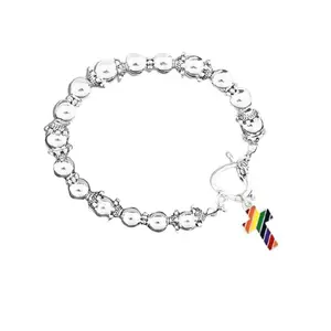 The Awareness Company Rainbow Flag Cross Silver Beaded Bracelet with Stretch Style Toggle Clasp 7 1/2 Inches Long