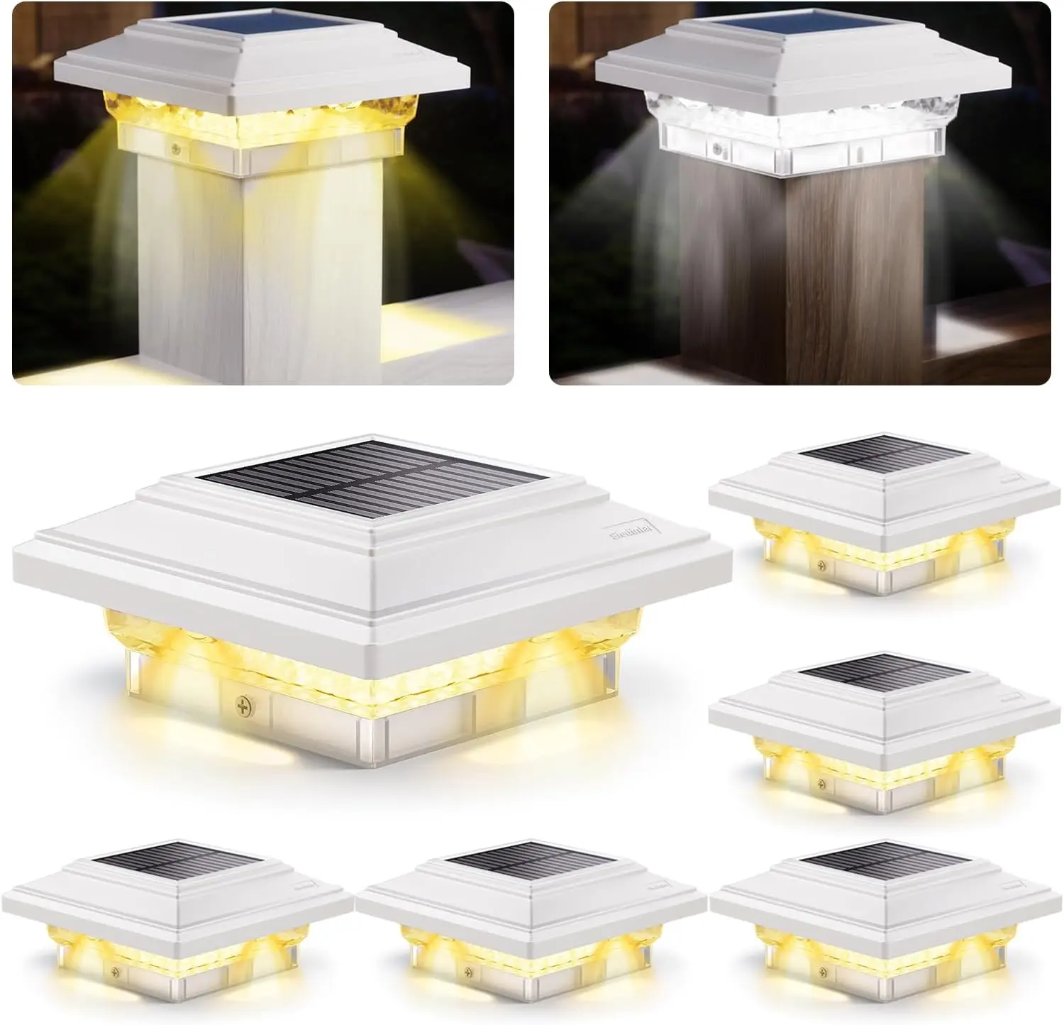 4x4 Solar  Lights 50 Lumens 2 Modes,  Caps Light Outdoor  for 4x4 Vinyl Wooden Posts, Fence Deck Garden Patio Decor, Warm/White Lighting (White, 6 Pack)