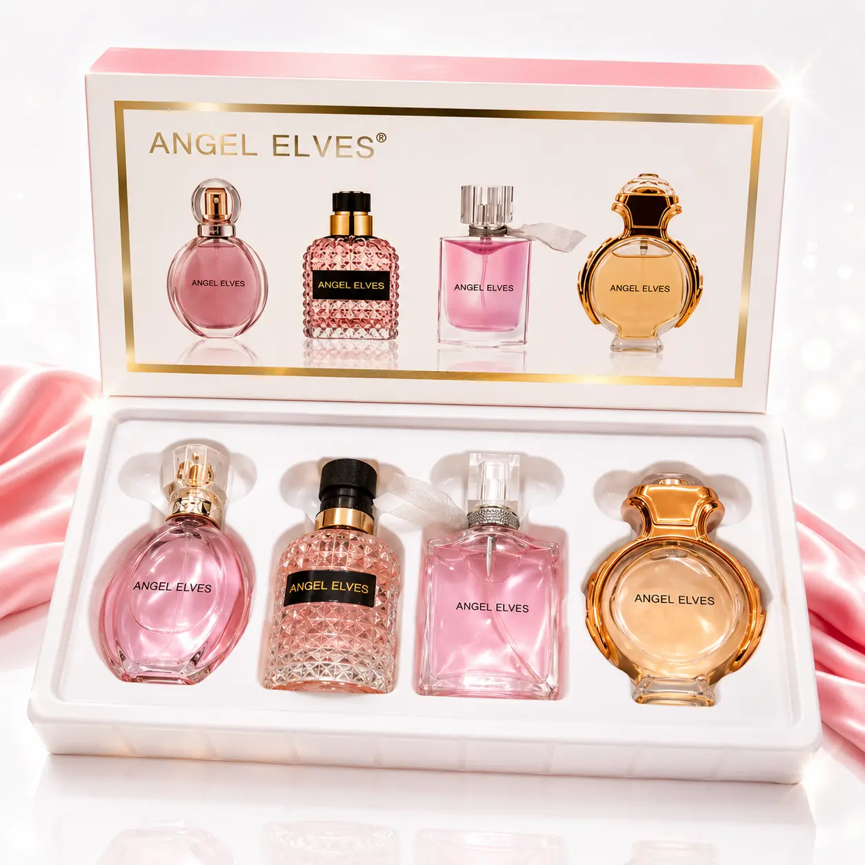 ANGEL ELVES Perfume Set for Women 4pcs - Long Lasting Floral Fragrance Gift Box, Pink Luxury Scent Collection for Her Girlfriend