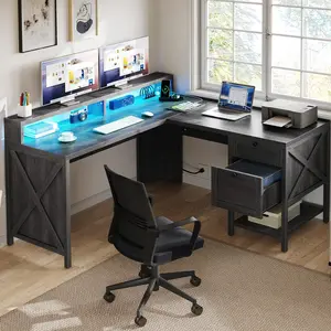 DWVO L Shaped Desk with Power Outlets LED Lights 60” Wood Computer Desk w/File Drawer