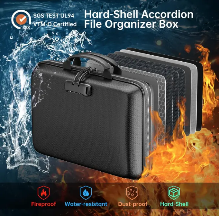 Hard Case Portable Fireproof Bag， Fireproof and Waterproof File Organizer with Lock，Hard-Shell Case Fireproof Document Box with 12 Pocket Accordion File Folder for Home Travel Laptop and Passports