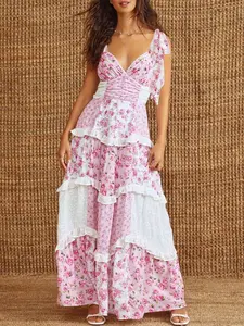 Women Boho Floral Smocked Maxi Dress Y2k Patchwork Lace Layered Long Beach Dress Casual Flowy Summer Sundress